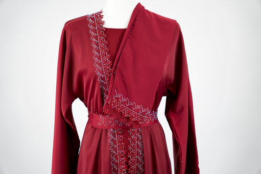 Burgundy Open Abaya & Dress Set - Burgundy