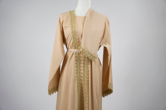 Goldish Sand Open Abaya & Dress Set- Goldish Sand