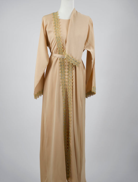 Goldish Sand Open Abaya & Dress Set- Goldish Sand