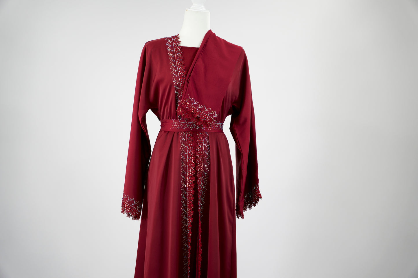 Burgundy Open Abaya & Dress Set - Burgundy