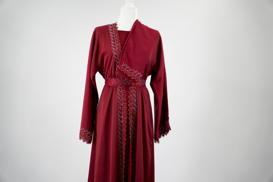 Burgundy Open Abaya & Dress Set - Burgundy
